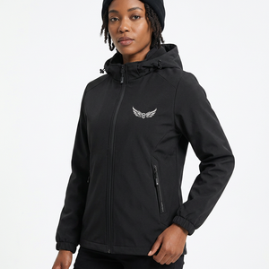 Veste softshell noire à capuche pour homme, coupe-vent, fermeture éclair, style sportif, logo imprimé sur le devant, vêtement d'automne - Product Image 5