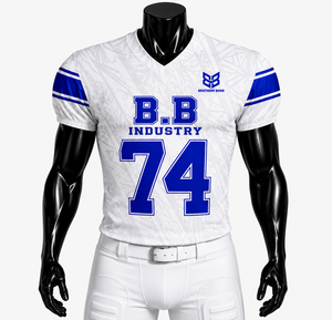 Camiseta de Fútbol Personalizada Sublimada, Cuello en V, Manga Corta, 100% Poliéster, Cintura Elástica, Blanca y Azul Rey, Estilo Americano - Product Image 1