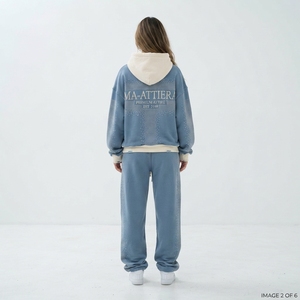 Conjunto de Sudadera Azul Oversize Personalizada y Pantalones Anchos de Felpa con Pedrería, Chándal de Algodón para Streetwear, Venta al por Mayor OEM - Product Image 2