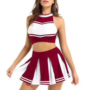 Conjunto de Uniforme de Porristas, Color Rojo y Blanco, Top Halter con Bloques de Color y Falda Plisada, Disfraz de Porrista para Mujeres Adultas y Jóvenes - Product Image 1