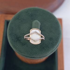 18K Solid Rose Gold Natural Stone Diamond Halo <b>Ring</b> Geometric Hexagon Design Elegant <b>Statement</b> Cocktail <b>Ring</b> for Women - Product Image 4