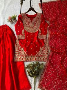 Prepárese para Comprar Vestidos de Fiesta Pakistaníes Rojos con Lentejuelas y Corte Recto / Salwar Kameez - Product Image 5