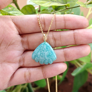 Semi-precious gemstone jewelry natural amazonite scallop shell pendant <b>with</b> emerald zircon inlaid 18k gold plated chain necklace - Product Image 6