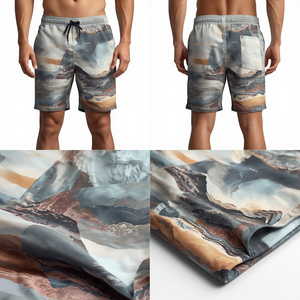 Shorts pour homme 100% coton, taille mi-haute, avec cordon de serrage, imprimé topographique, effet délavé - Product Image 4