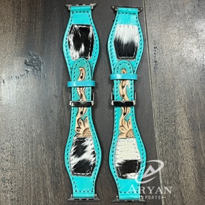 Correa de Reloj de Cuero Genuino Turquesa a Bajo Precio con Incrustaciones de Pelo de Vaca y Patrón Floral para Reemplazo de Correa de Reloj Inteligente - Product Image 1