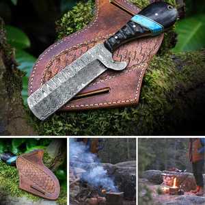 Meilleur couteau de poche artisanal en acier Damas, modèle Bull Cutter, manche en bois, 4 pouces, pour chasse et usage cowboy, avec étui en cuir, OEM, vente en gros - Product Image 4