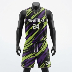 Ma-Attiera Ensemble de maillot et short de basketball pour hommes, personnalisé, motif éclair noir, violet et vert, taille 24 - Product Image 4