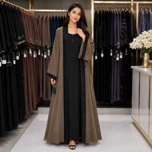 Luxury Two Tone Open Front Abaya | Taupe <b>Grey</b> Outer Robe with Black Inner Dress | Premium Nida Fabric Dubai Style Abaya - Product Image 5