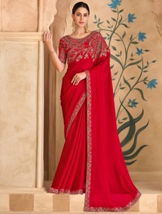 KV Women's Embroidered Embellished Wrinkle-Free Bollywood Designer Satin <b>Saree</b> with Unstitched Blouse (<b>Red</b>) Autumn - Product Image 6