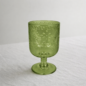 Gobelet en verre floral gaufré vert avec pied, style vintage, vaisselle de table - Product Image 5