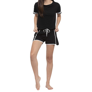 Women's Black <b>2</b>-<b>Piece</b> Sporty <b>Set</b> Short Sleeve Crop Top With <b>White</b> Trim High Waisted Shorts Solid Knitted Breathable Spring - Product Image 5