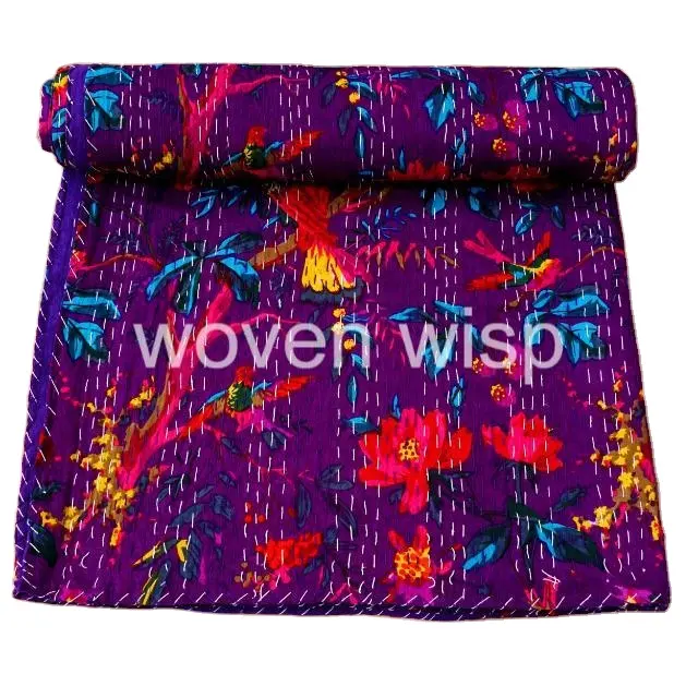 Colcha de mão em tecido de algodão indiano com padrões de flores, colcha king size azul e marrom, colcha queen kantha