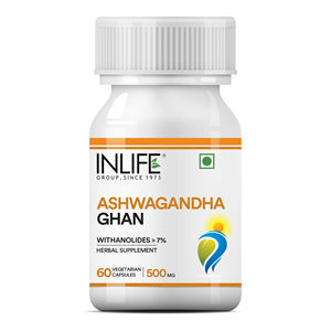 Extracto de Ashwagandha INLIFE (Withania Somnifera) >7% Anolides, Suplemento Ayurvédico 500mg, 60 Cápsulas Vegetarianas, Certificado GMP - Product Image 1