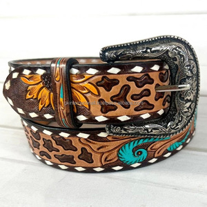 Customized Sunflower Embossed men's designer western <b>leather</b> <b>tooling</b> <b>belt</b> with antique brass single pin buckle cowboy <b>belt</b> - Product Image 4