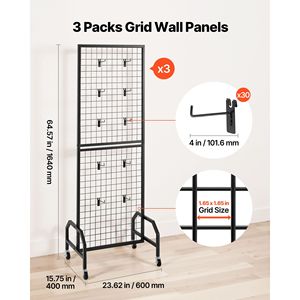 Set di 3 Pannelli a Griglia 1,9 x 5,4 ft con 30 Ganci, Espositore Mobile per Arte, Rastrelliera a Griglia in Filo Metallico Nero con Ruote - Product Image 2