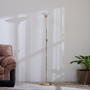 Lámpara de Pie de Hierro con Pantalla de Cristal, Lámpara de Pie Tipo Torchiere de Latón, Pantalla de Cristal Esmerilado, Decoración Interior Industrial Vintage - Product Image 1