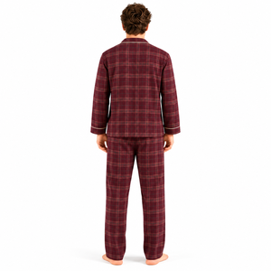 <b>Men</b> Plaid Woven Soft Casual <b>Pajama</b> <b>Set</b> Long Sleeve Button Sleepwear Autumn Warm Loungewear Matching Lounge Pants Maroon - Product Image 3