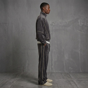 Hot-Selling Men's Velvet <b>Tracksuit</b> <b>Velour</b> 100% Polyester Stripe Loose Zip Sweatsuit with Embroidery Sport Jogger Sets for Winter - Product Image 5