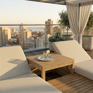 Lit de repos d'extérieur en bois moderne, chaise longue double avec coussins et rideaux pour piscine, villa, complexe hôtelier, patio, projets de jardin - Product Image 3
