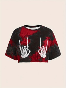 Women's Tie Dye Skeleton Hand Print <b>Crop</b> <b>Top</b> Short Sleeve Crew Neck Punk Style T-Shirt Loose Fit Spring Summer Tee - Product Image 1