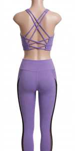 Ensemble soutien-gorge et leggings dos nageur taille haute côtelé maille unie 2 pièces Activewear séchage rapide logo avant - Product Image 2