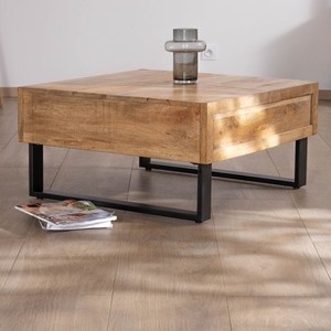 Table basse carrée Vandana Golden Contour 80 cm en bois de manguier avec pieds en métal Manoha avec grand tiroir - Product Image 6