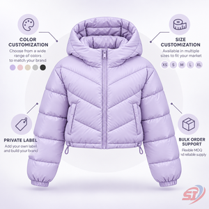 Chaqueta Acolchada Corta de Invierno para Mujer, Color Lavanda, con Capucha, Ligera y Cálida - Product Image 3