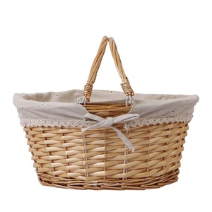 Panier de pique-nique en osier avec doublure en tissu amovible, panier de rangement ovale en saule avec poignées, panier à fruits et à pain de style campagnard - Product Image 1