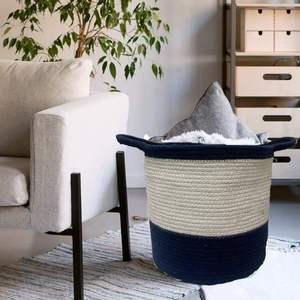 Stylish Cotton <b>Rope</b> Storage Basket with Handles Dual Tone Woven Organizer for Laundry Toys Home Storage - Product Image 2