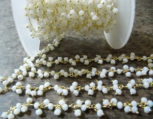 White Chalcedony rondelle faceted 3-4mm size Beaded <b>Wire</b> Wrapped dangling cluster thick Chain - Product Image 2