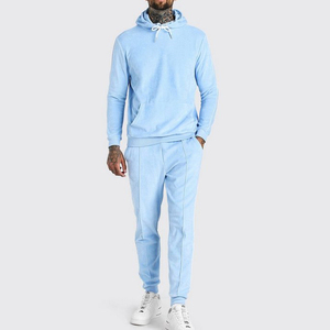 Men's <b>Light</b> Blue Hooded Tracksuit Full Length Sweatshirt Jogger Set Solid Color Casual Spring Wear 100% Cotton Breathable - Product Image 2