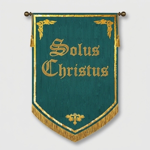 Drapeau religieux brodé à la main Solus Christus, en velours vert avec franges dorées, pour décoration d'autel de chapelle - Product Image 1
