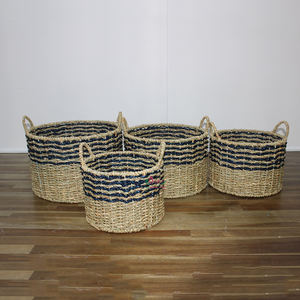 Handwoven Nautical Striped Round <b>Seagrass</b> <b>Baskets</b> With Handles For Home Organization & <b>Laundry</b> Use - Product Image 5