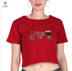 Women's <b>Red</b> <b>Crop</b> <b>Top</b> Crew Neck Short Sleeve Printed Peace Love Coffee Design Casual Spring Summer Wear - Product Image 1