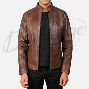 Veste de motard en cuir véritable marron de qualité supérieure pour hommes, coupe ajustée, col montant, fermeture éclair classique, manteau décontracté pour moto et streetwear - Product Image 6