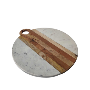 Tabla de cortar redonda de madera de acacia premium con mango negro, tabla de cortar versátil para cocina y bandeja para servir en oferta. - Product Image 5