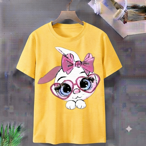 Camiseta de Verano Informal de Manga Corta con Cuello en V y Estampado de Conejito para Mujer, Ajuste Regular, Tejido de Poliéster/Algodón - Product Image 3