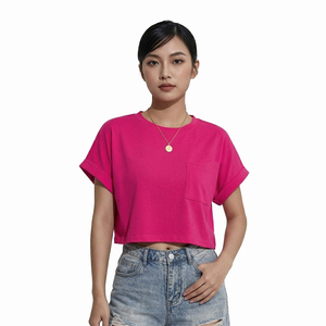 Camiseta Corta para Mujer, Color Rosa Sólido, con Bolsillo, Manga Corta, Cuello Redondo, Algodón, Blusa Informal de Verano - Product Image 6