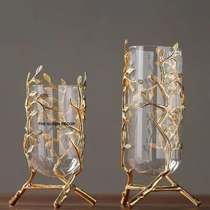 Set Of 2 Greatest Quality Aluminum Metal <b>Leaf</b> Designing Gold Plated and Clear Glass T <b>Light</b> Candle Holder Stylish Decorative - Product Image 1