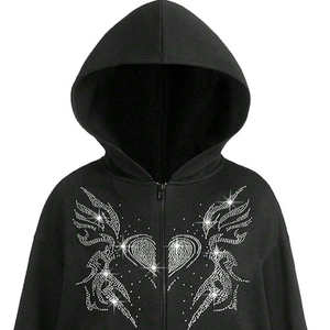 Conjunto de chándal con pedrería y perlas, estampado, sudadera con capucha, pantalón acampanado de doble cintura, estampado con efecto abullonado, lavado ácido, corte holgado con diamantes, cierre de cremallera - Product Image 3