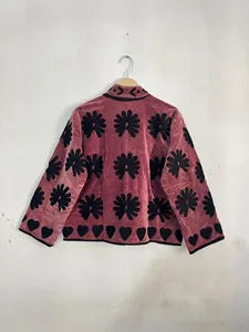 Women Pink Velvet Embroidered Jacket Heart Motif Floral Design Bohemian Handmade Winter Outerwear - Product Image 4