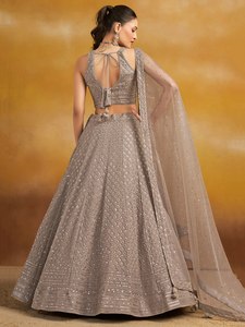 Gray Embroidered Crop <b>Top</b> Anarkali Lehenga Set Natural Waistline Faux Georgette Evening Dress <b>Net</b> Dupatta for Wedding Party Wear - Product Image 6