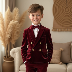 Boys Burgundy Velvet Double Breasted Tuxedo Suit | <b>Kids</b> Wedding Suit | <b>Ring</b> Bearer Formal Blazer Set | Custom Made - Product Image 1