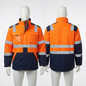 300 Grams Heavy Duty Polyester Safety Work <b>Jacket</b> Winter Washed Button Front Hooded Orange Reflective Panel Custom Print - Product Image 1