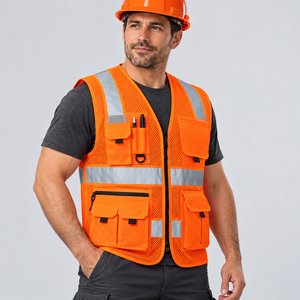 Chaleco de Seguridad Reflectante de Alta Visibilidad Naranja para Hombre, con Múltiples Bolsillos y Cierre Frontal, Ropa de Trabajo con Logotipo Personalizado - Product Image 3