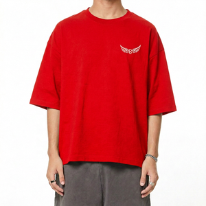 T-shirt en coton noir surdimensionné avec logo brodé en forme d'aile sur le devant, t-shirt décontracté à manches courtes et col rond pour homme - Product Image 5