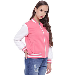 Veste universitaire rose pour femme, décontractée, avec blocs de couleur, fermeture éclair, col rabattable, en polaire, pour l'automne - Product Image 3