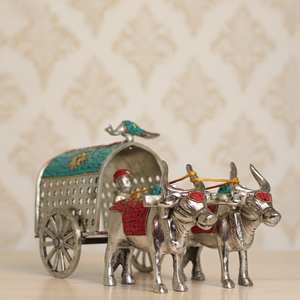 Sculpture décorative de chariot de bœuf en argent poli, artisanat en pierre fait main, pièce maîtresse pour l'ameublement de luxe - Product Image 1
