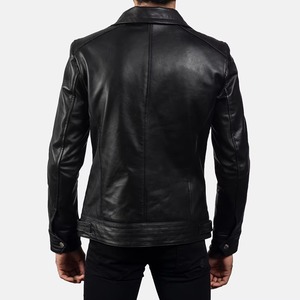 Men's Genuine Leather Moto <b>Jacket</b> <b>Slim</b> <b>Fit</b> Black Zipper Closure Stand Collar Regular Length Autumn Style - Product Image 4