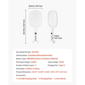 Racchetta Elettrica Anti-Mosche con Rete a 3 Strati, Doppia Modalità, Batteria da 1500mAh, Display Digitale - Product Image 3